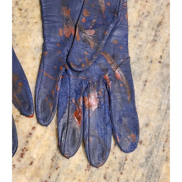 Vintage Size S Blue Leather Long Gloves Slashed Fake Bloody Slashed Zombie War - Picture 7 of 16